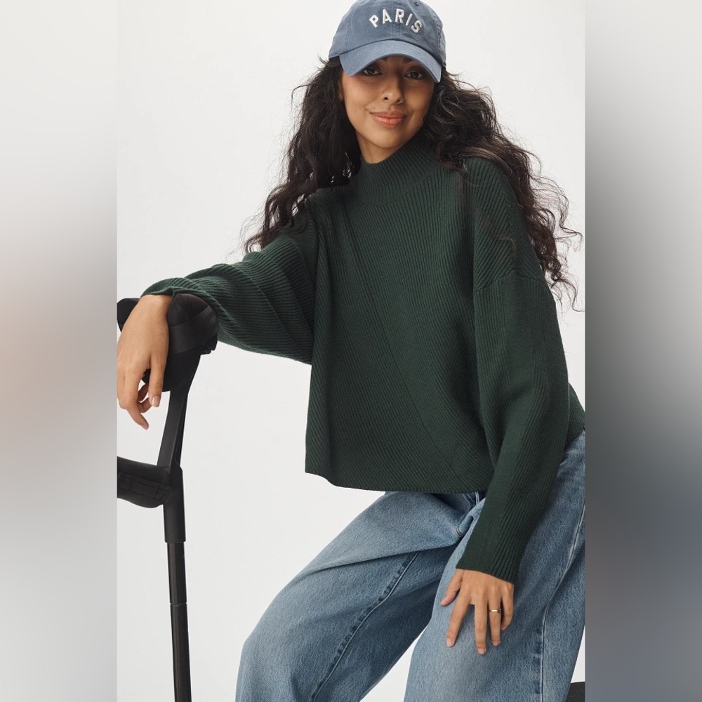 LIKE NEW Maeve Anthropologie the meredith Dark Green mock- neck Sweater